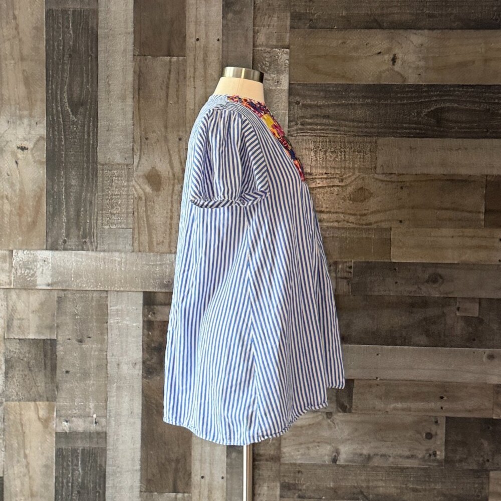 Blue white stripes v-neck fiesta dress large rainbow embroidery festival boho - Picture 8 of 10